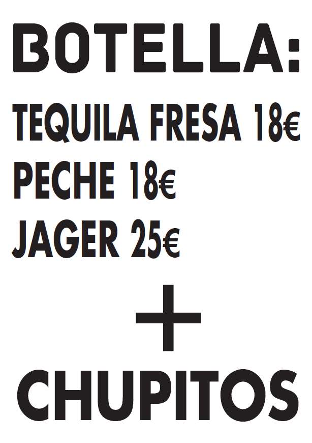 Bouteille de tequila à la fraise (18 €), peche (18 €) ou Jager (25 €) plus shots