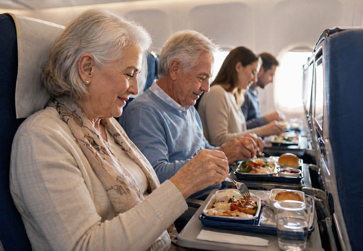 Pasajeros con bandejas de comida en los asientos del avión durante el servicio a bordo. 