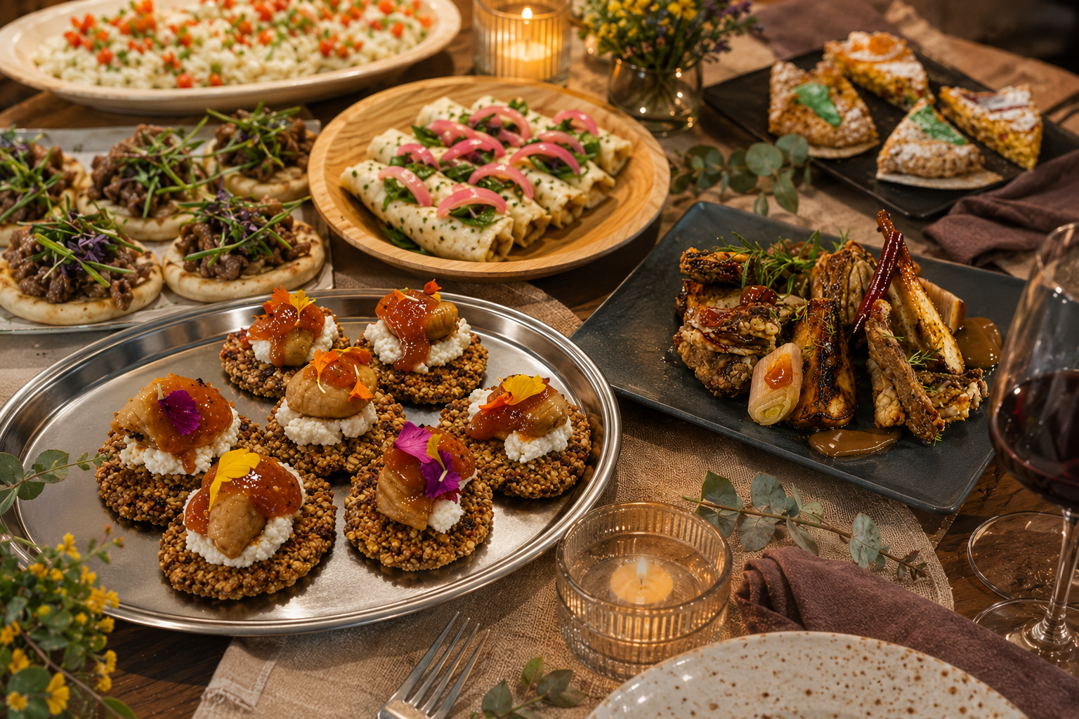 Mesa decorada con un menú inspirado en la gastronomía visigoda, donde se presentan distintos platos elaborados a partir de recetas históricas, entre ellos el  Cabrito en leche y el postre Beso Visigodo, servidos en una ambientación cálida con velas y elementos rústicos.