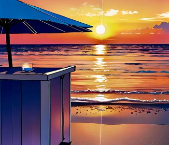 montaje de atardecer en tonos naranjas sobre el mar. en la zona de arena se ve la mesa de un chiringuito con una sombrilla