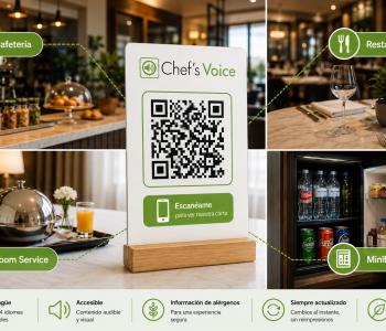 Cartel de Chef’s Voice con código QR para acceder a una carta digital accesible, multilingüe y actualizada.