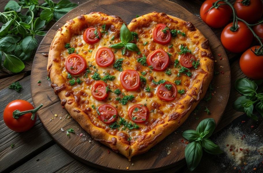 pizza margarita en forma de corazón, sobre una tabla de madera y rodeada de tomates y albahaca