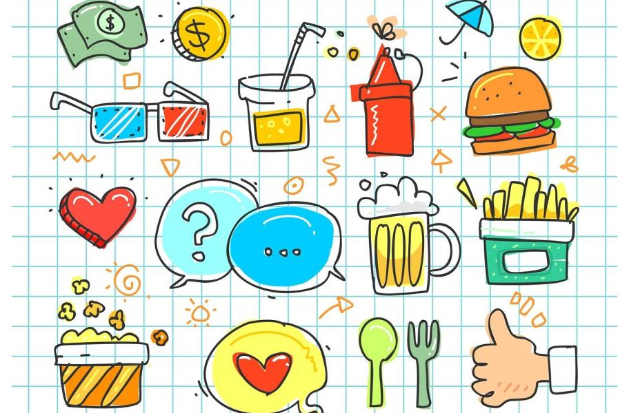 Conjunto de ilustraciones como si fueran ideas: hamburguesa, jarra de cerveza, corazón, cubiertos