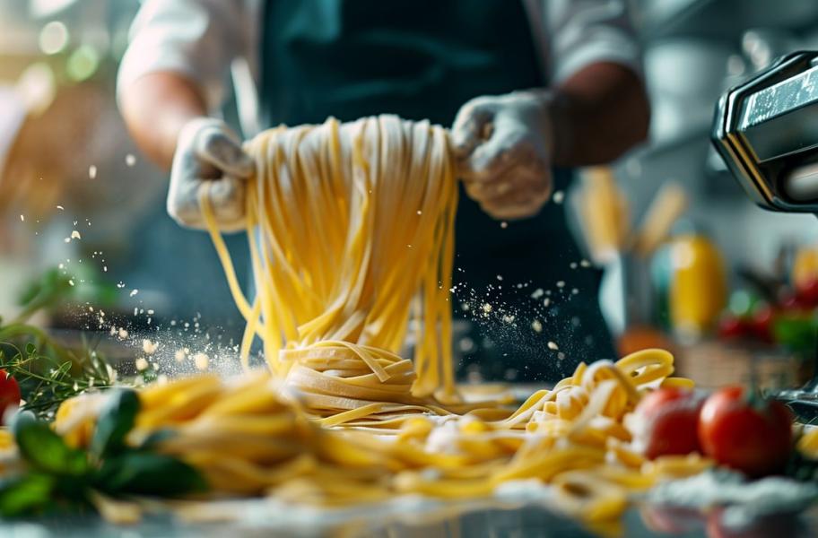 Foto de manos de cocinero enroscando espaguetis con harina sobre una mesa con tomates y albahaca