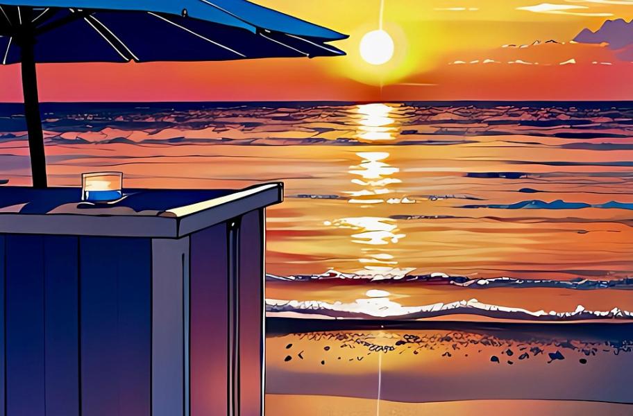 montaje de atardecer en tonos naranjas sobre el mar. en la zona de arena se ve la mesa de un chiringuito con una sombrilla