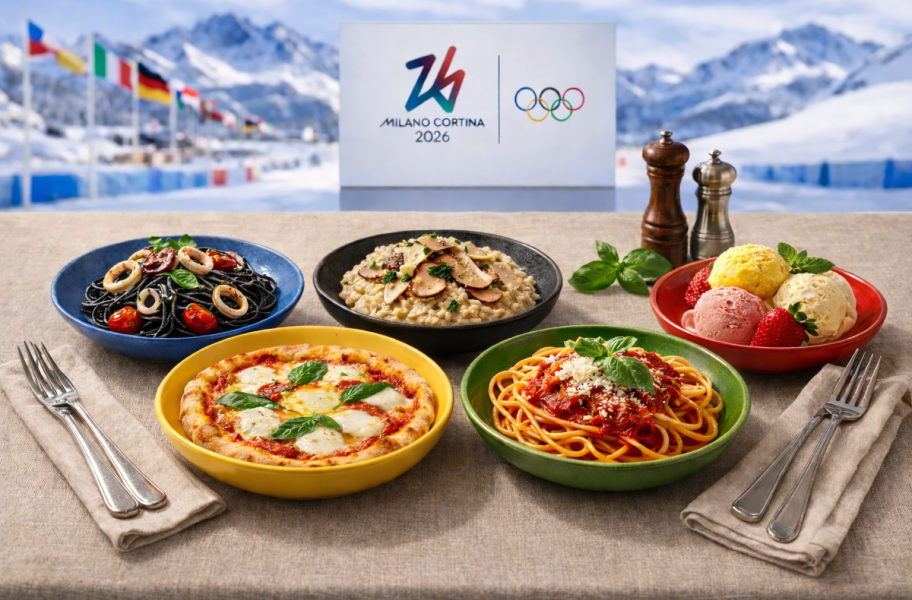 Platos de comida italiana —pizza, pasta, risotto, espaguetis negros y helado— servidos en platos de colores inspirados en los aros olímpicos (azul, negro, rojo, amarillo y verde), con el logo de Milano Cortina 2026 y un paisaje de montaña al fondo.