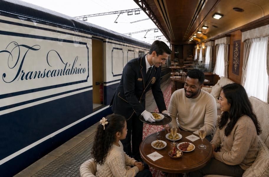 Tren Transcantábrico vista interior y exterior. En la imagen se muestra a una Familia sentada en mesa del tren de lujo Transcantábrico mientras un camarero sirve aperitivos, con el vagón visible desde el andén. 