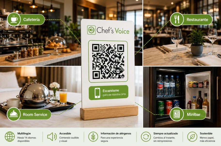 Cartel de Chef’s Voice con código QR para acceder a una carta digital accesible, multilingüe y actualizada.